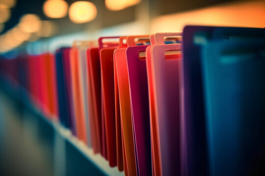 A row of file folders organized in a file holder, flat view, blurred background Generative AI