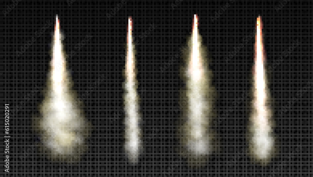 Poster rocket launch smoke trail with fire flame vector. isolated realistic jet takeoff explosion speed eff
