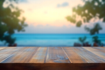 Fototapeta na wymiar empty wooden table, beach background