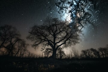 Fototapeta na wymiar Trees silhouetted against a dark and starry sky. Generative AI