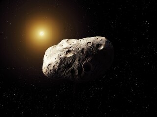 Asteroid threatening life on Earth. Dangerous space stone. Craters on the surface of an asteroid in the light of the sun.