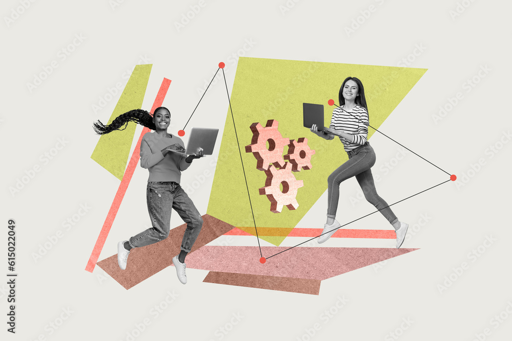 Poster collage image of two black white colors girl use netbook jump run cogwheel gear isolated on creative
