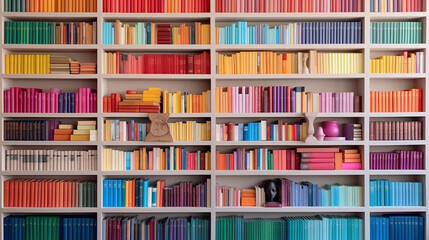 a white book shelf with multiple colorful books on it. online meeting background. education.
