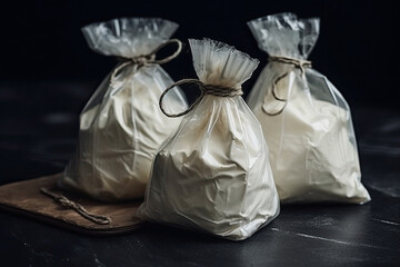 Three transparent bags with flour. Generative AI.
