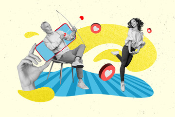 Sketch retro creative 3d collage of happy people cupid amour archer hold bow valentine day flirt cute girl isolated on drawing background