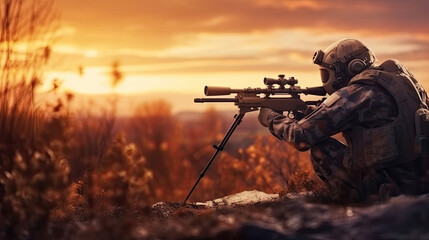 Photo of a soldier with sniper rifle from a rifle with an optical sight. On the Sunset. shooting and hunting concept, - obrazy, fototapety, plakaty