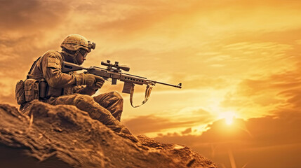 Photo of a soldier with sniper rifle from a rifle with an optical sight. On the Sunset. shooting and hunting concept,