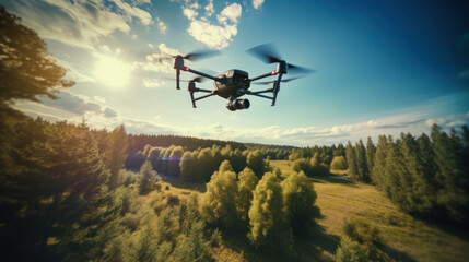 Drone's Eye View: Quadcopter Flying Amidst Towering Trees, Aerial Photography of Nature's Splendor