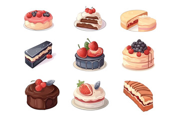 Set of cakes. Delightful cartoon illustration featuring a whimsical set design adorned with delicious and beautifully designed cakes. Vector illustration.