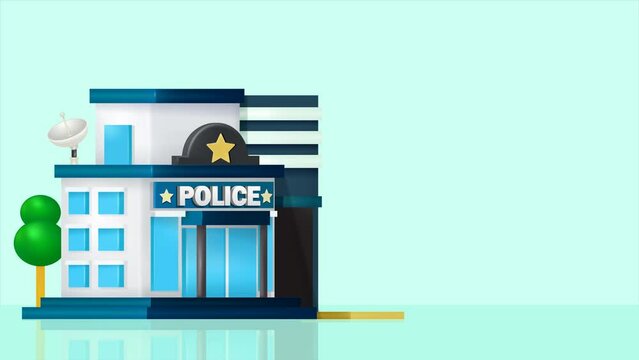 Police station and car, department building. 3d animation of police car leaving office turning on siren on bright blue background. Perfect for elements and presentations
