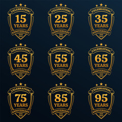 15, 25, 35, 45, 55, 65, 75, 85, 95 years anniversary icon or logo set. Yubilee celebration, company birthday golden badge or label. Vintage banners with shield and ribbon. Vector illustration.