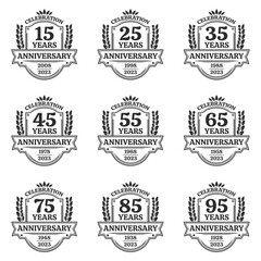 Obraz premium 15, 25, 35, 45, 55, 65, 75, 85, 95 years anniversary icon or logo. Vintage birthday banner design with laurel wreath. 10th anniversary yubilee celebration badge or label collection. Vector illustratio