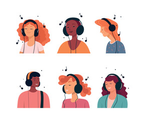 People listen music with headphones. Cartoon happy young teenagers listening to music, persons using earphones isolated on white. Vector illustration