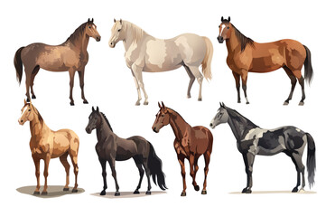 Set of horses. Whimsical cartoon illustration featuring a set of lively horses in a creatively designed and animated environment. Vector illustration.