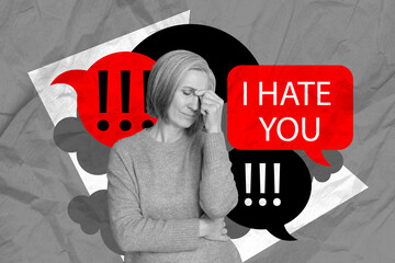 Creative collage of black white effect unsatisfied grandmother suffer abuse dialogue bubble i hate...