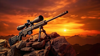 A sniper rifle from a rifle with an optical sight. On the Sunset. Sports shooting and hunting concept, copy space for text - obrazy, fototapety, plakaty