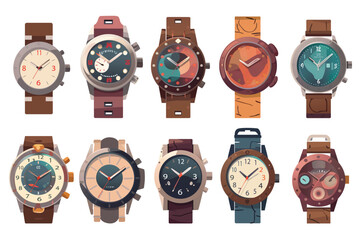 Set of wristwatch. Whimsical cartoon illustration showcasing a set of stylish wristwatches in visually appealing white environment. Vector illustration.