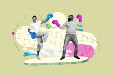 Photo poster collage metaphor of young two competitors fighters boxing gloves fighting together sport isolated on green color background - obrazy, fototapety, plakaty