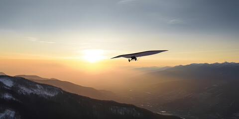 Fototapeta na wymiar hang glider soars in the sky at sunrise amazing panoramic view