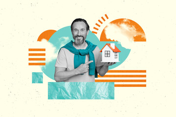 Photo illustration metaphor artwork collage of insurance advert promo building house buy new...