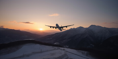 Fototapeta na wymiar large passenger liner flying above the snowy Mountain range