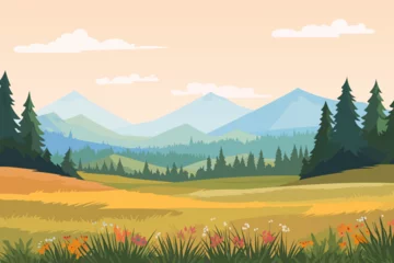 Rolgordijnen Beautiful landscape illustration, peaceful warm day, clouds over mountains, field with flowers and forest. The concept of travel. © LoveSan