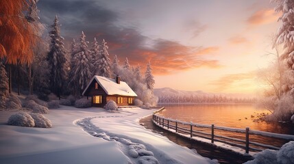 Picturesque home in snow and sun landscape