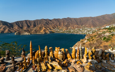 panoramic view of the bay of taganga with handicrafts from the caribbean of colombia in santa marta