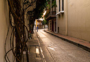 street in the old town country in Cartagena Colombia with flower balcony facades