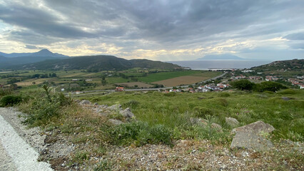 North Aegean sea and the ancient Kalekoy village view from Old Bademli  (Gliki Village) Gokceada-Imbros island. Canakkale, Turkey	