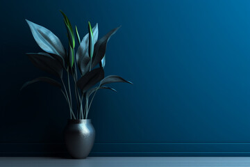 Fototapeta na wymiar plant in the vase with blue empty wall. copy space. generative ai
