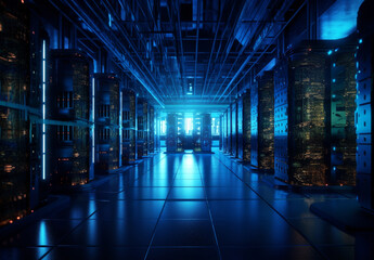 servers in an enormous data center with blue light. generative ai.