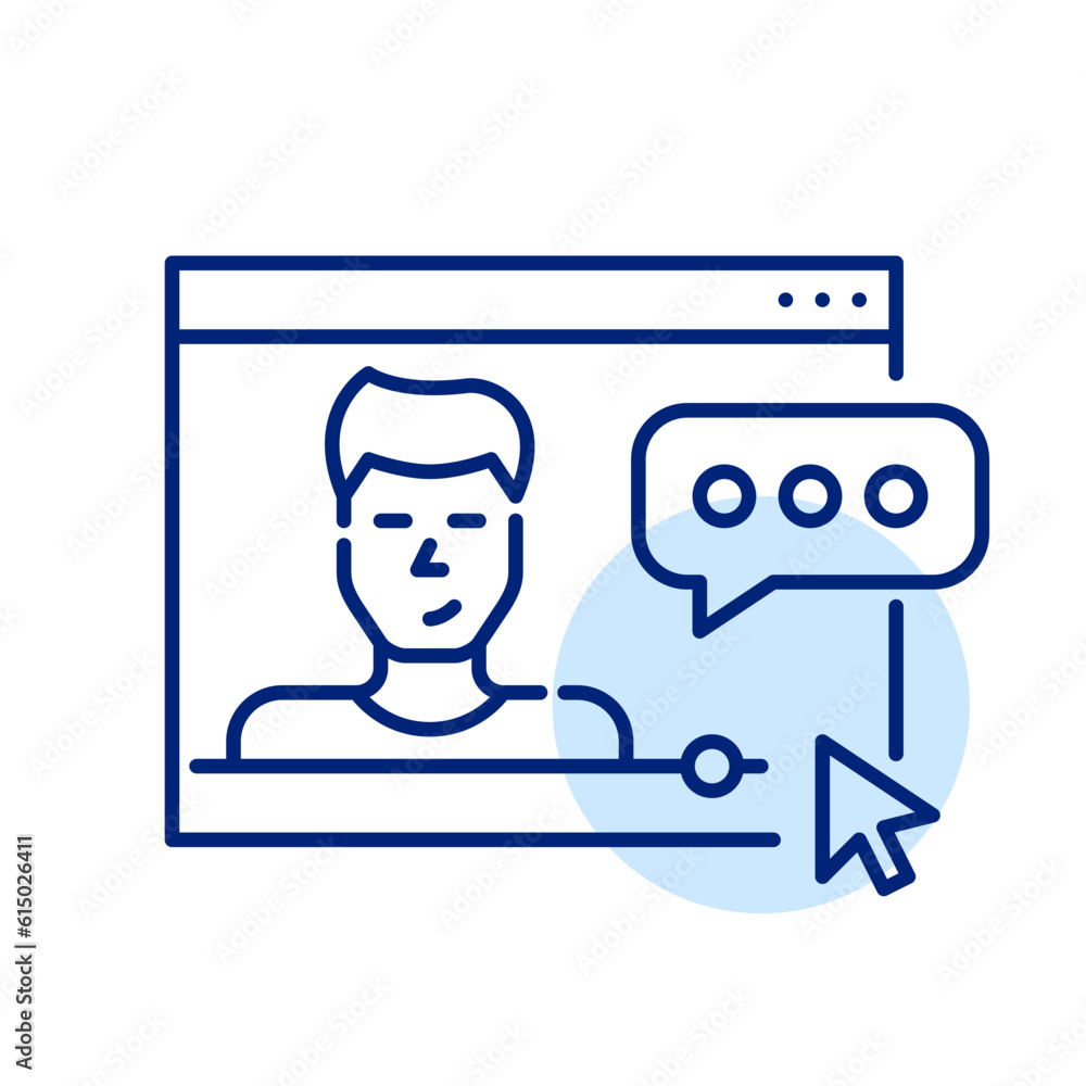 Poster watching video blogs online. male blogger talking with subscribers in internet browser. pixel perfec