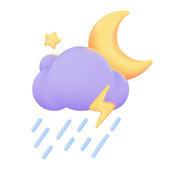 3D weather forecast icons Night with moon and clouds on a rainy day. 3d illustration