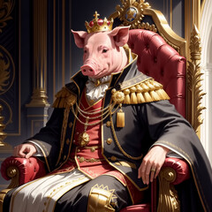 Fototapeta na wymiar Pig wearing crown in throne room. Generative AI