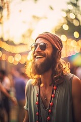 happy hipster male at a music festival.