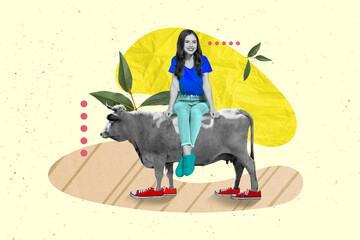 Collage of funky young woman sit monster animal big bull wear converse sneakers animal horns nature...