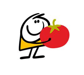 Cartoon man is holding a huge tomato from a new crop. Vector illustration of a farmer demonstrating his success in the garden.