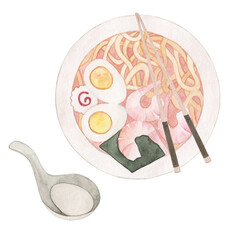 Watercolor illustration of Japanese ramen soup with shrimp. Noodles, nori, eggs. Asian spoon. Hand drawn.