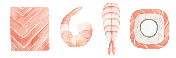 Set of watercolor illustrations of salmon steak, shrimp, sushi and rolls with red fish. Japanese food. Philadelphia. Hand drawn.