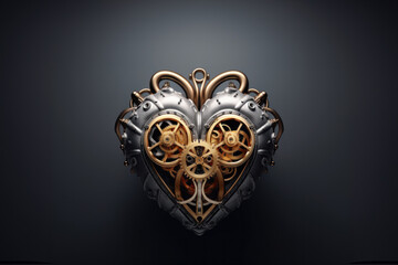 A heart shaped winding gear mechanism, gray background. Generative AI