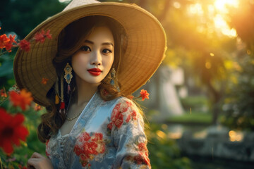 Fototapeta na wymiar Asian woman wearing Vietnamese national costume living in Vietnam city. Generative AI