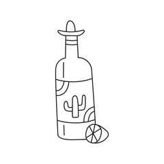 vector illustration of tequila bottle in doodle style.