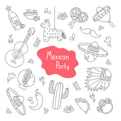 set of vector illustrations mexican party  in doodle style.