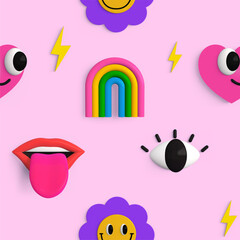 3d girl power seamless pattern in retro groovy style. Rainbow, lips with tongue, eye, face flower icons. Ornament for textile, fabric, cover, t shirts, posters, cards. 3d render illustration.