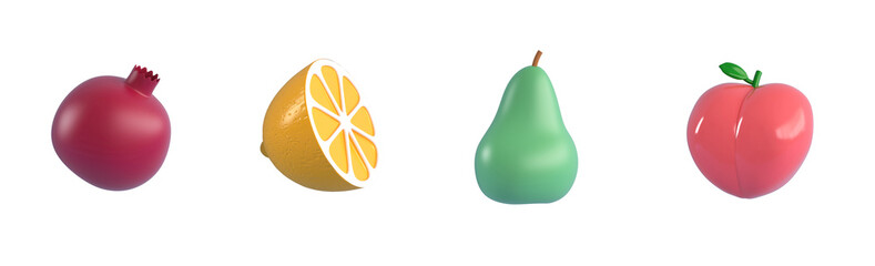 3d trendy sweet fruits icon set. Garnet, lemon, pear, peach icons. 3d render illustration on isolated background. Organic, natural Ingredients concept.