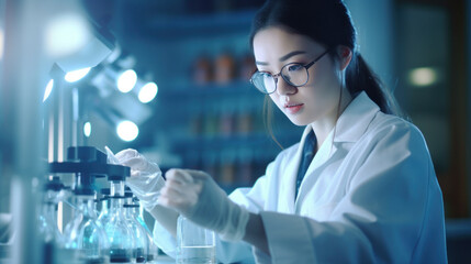 Asian female scientific researcher with young scientist working in modern laboratory. Generative AI