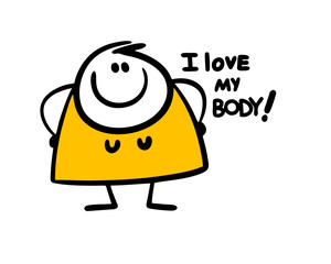 Cartoonstick figure fat woman loves her body. Vector illustration of positivity and message.