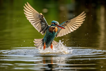 Kingfisher emerging from the water after an unsuccessful dive to grab a fish, Natural wild bird with beautiful light. Generative AI.