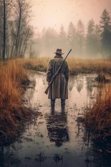 Foto op Canvas illustration, view of a hunter standing in a swamp in the forest, ai generative © Jorge Ferreiro